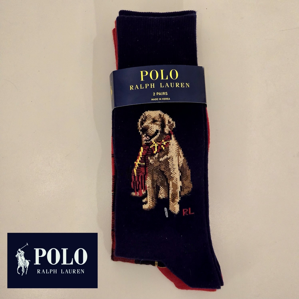 NWT Polo Ralph Lauren 2 Pairs of Mens Navy w/ Golden Retriever & Red Plaid Socks